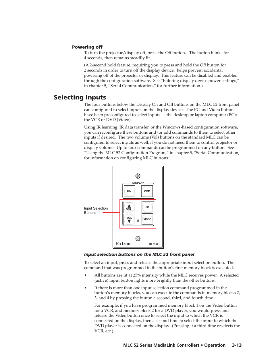 Selecting inputs | Extron electronic MEDIALINK MLC 52 User Manual | Page 41 / 124