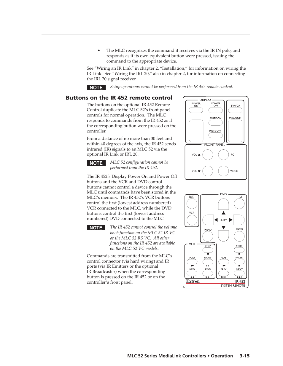 Buttons on the ir 452 remote control | Extron electronic MEDIALINK MLC 52 User Manual | Page 43 / 124