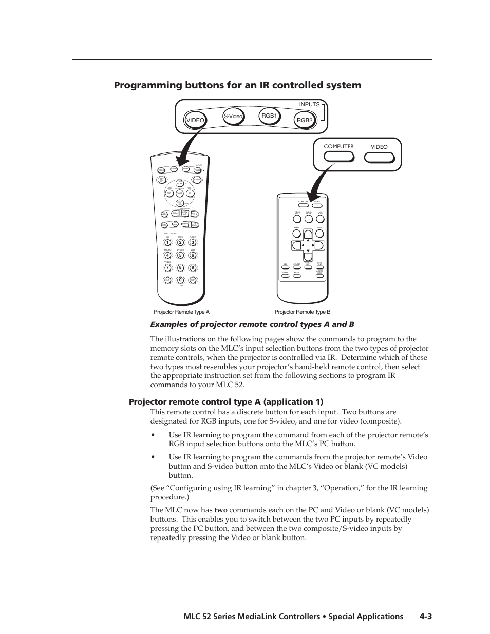 Programming buttons for an ir controlled system, Projector remote control type a (application 1), Video s-video rgb1 rgb2 | Video computer | Extron electronic MEDIALINK MLC 52 User Manual | Page 47 / 124