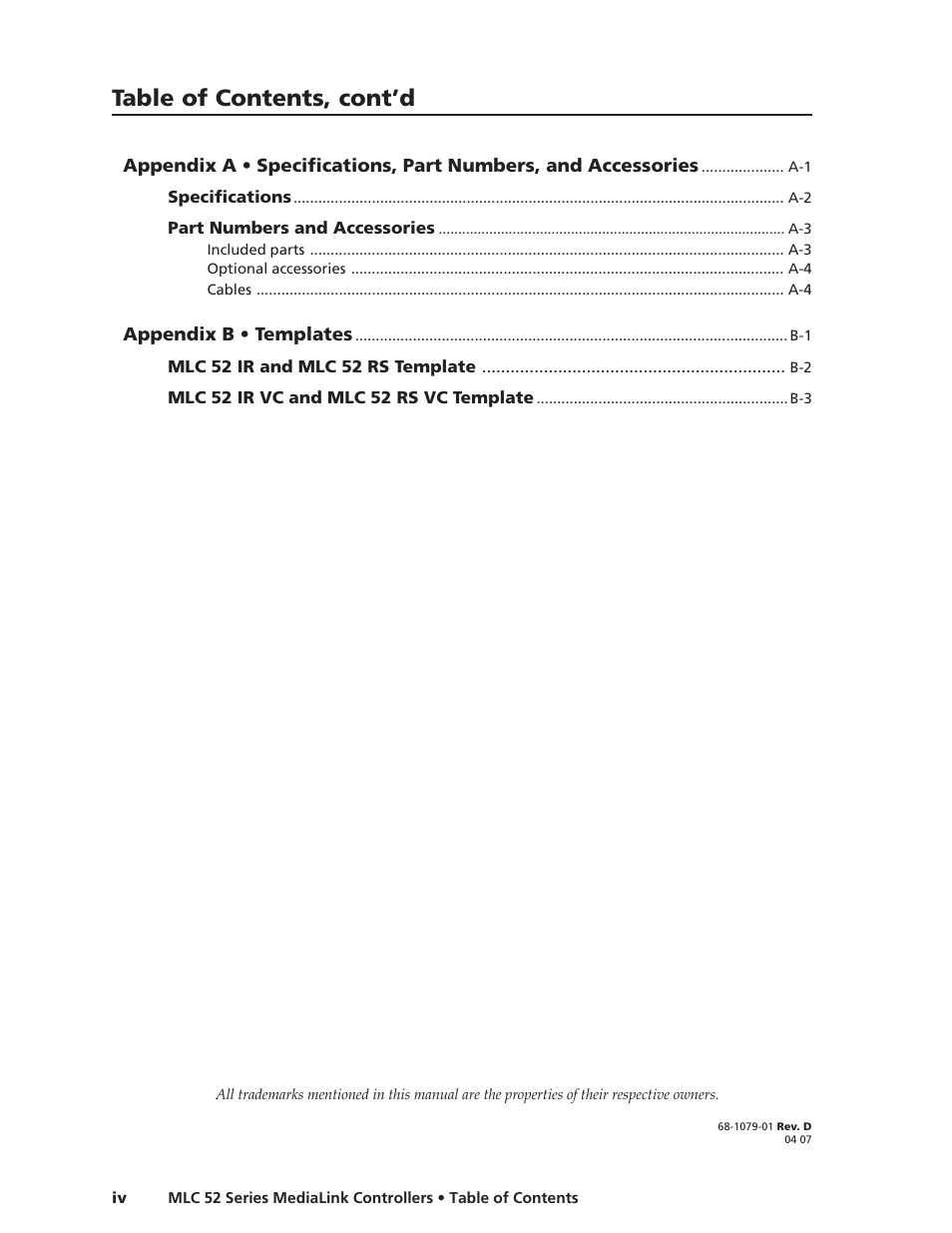 Table of contents, cont’d | Extron electronic MEDIALINK MLC 52 User Manual | Page 6 / 124