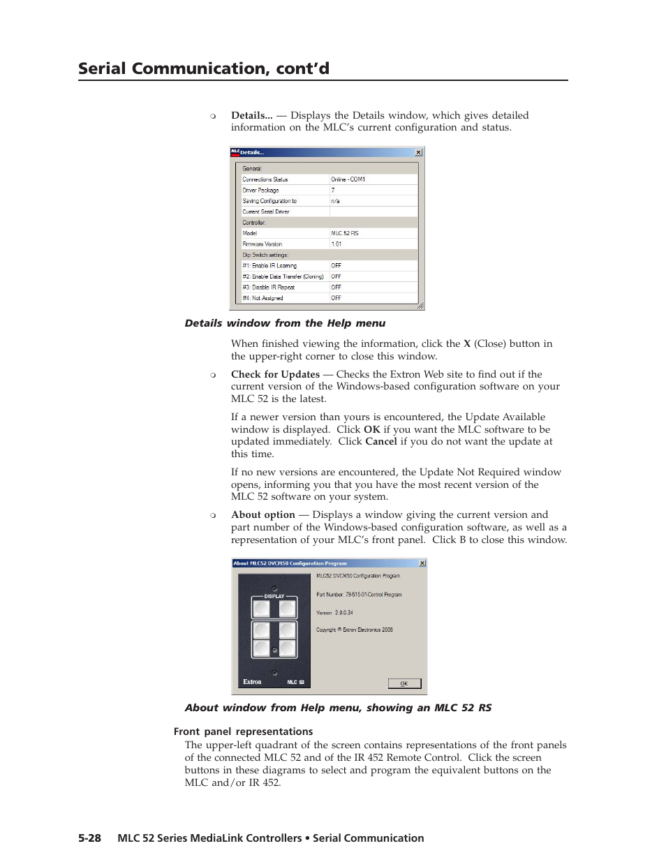 Serial communication, cont’d | Extron electronic MEDIALINK MLC 52 User Manual | Page 88 / 124