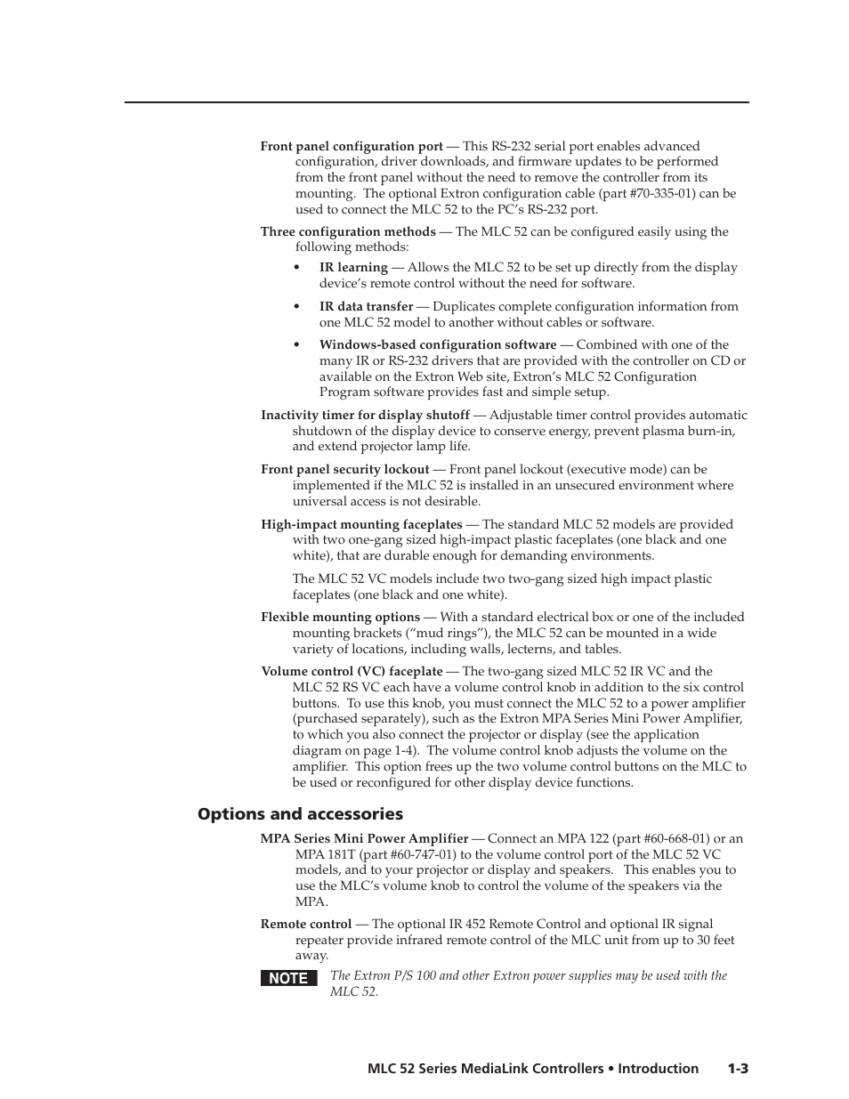Options and accessories | Extron electronic MEDIALINK MLC 52 User Manual | Page 9 / 124