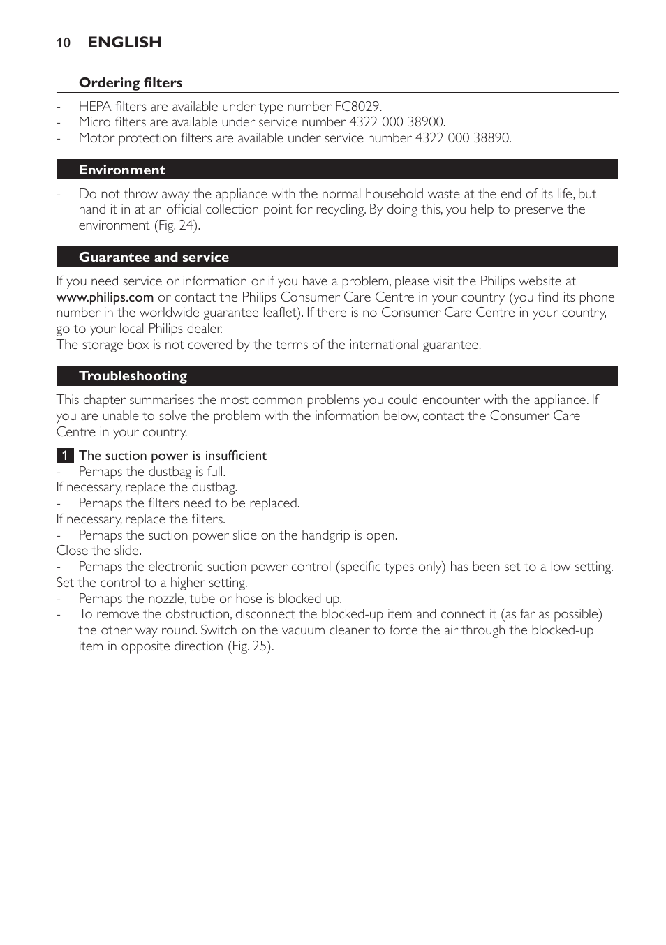 Ordering filters, Environment, Guarantee and service | Troubleshooting | Philips FC8206 User Manual | Page 10 / 104