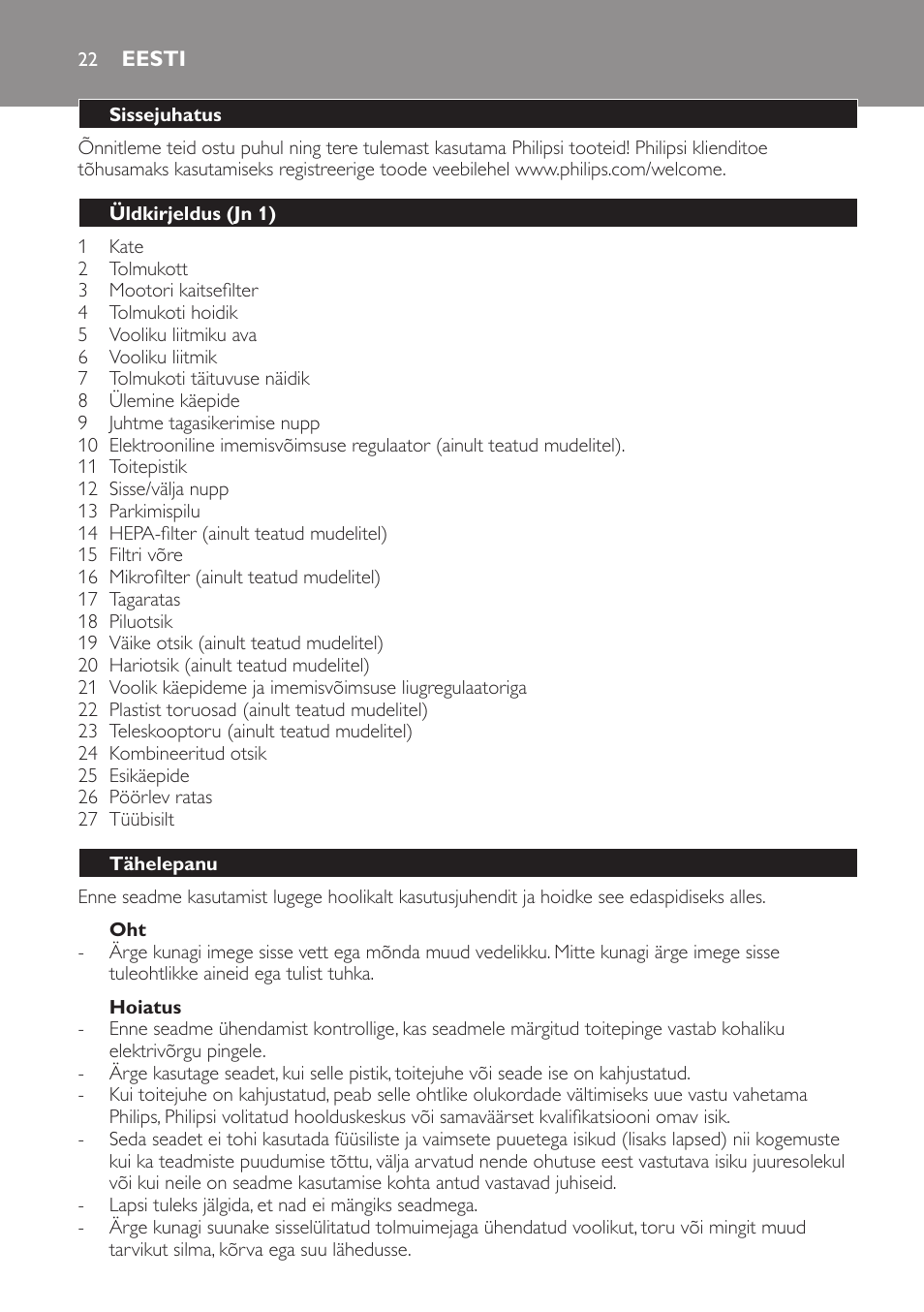 Hoiatus, Eesti, Sissejuhatus | Üldkirjeldus (jn 1), Tähelepanu | Philips FC8206 User Manual | Page 22 / 104