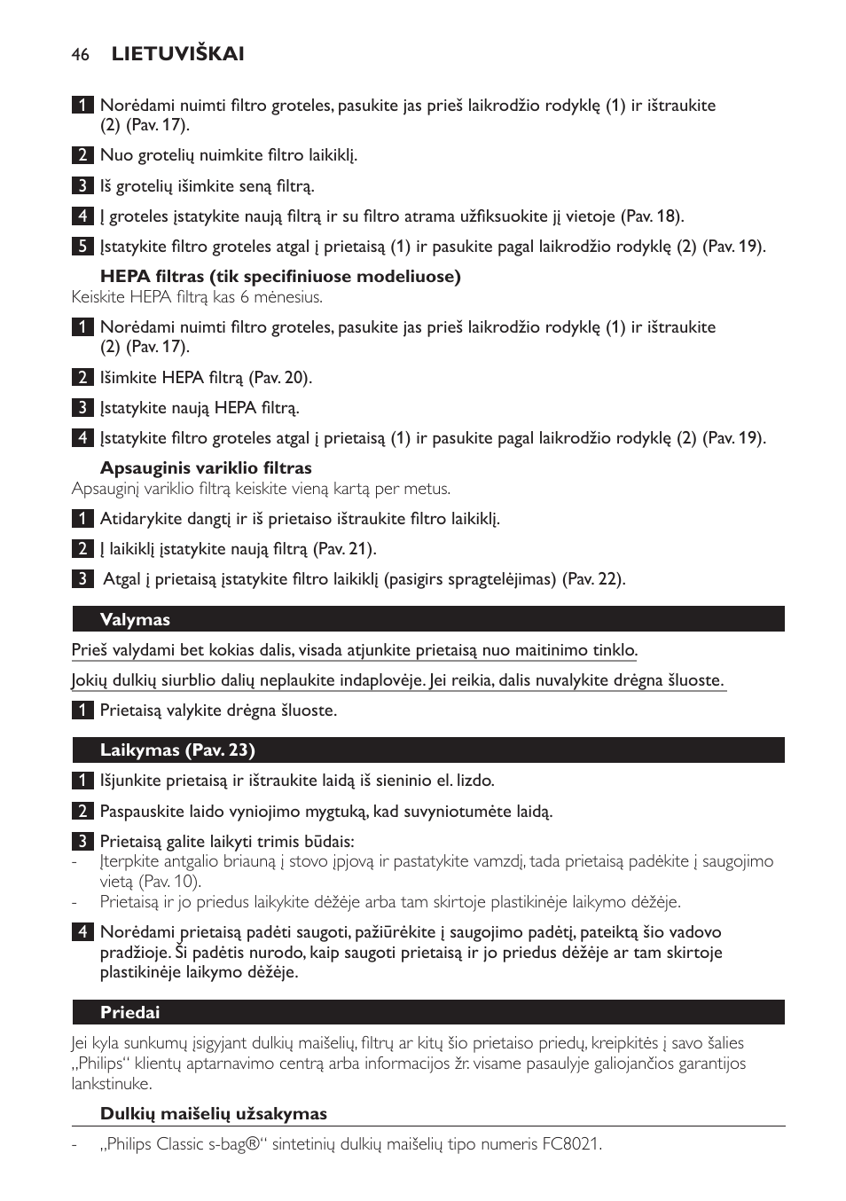 Hepa filtras (tik specifiniuose modeliuose), Apsauginis variklio filtras, Valymas | Laikymas (pav. 23), Priedai, Dulkių maišelių užsakymas | Philips FC8206 User Manual | Page 46 / 104