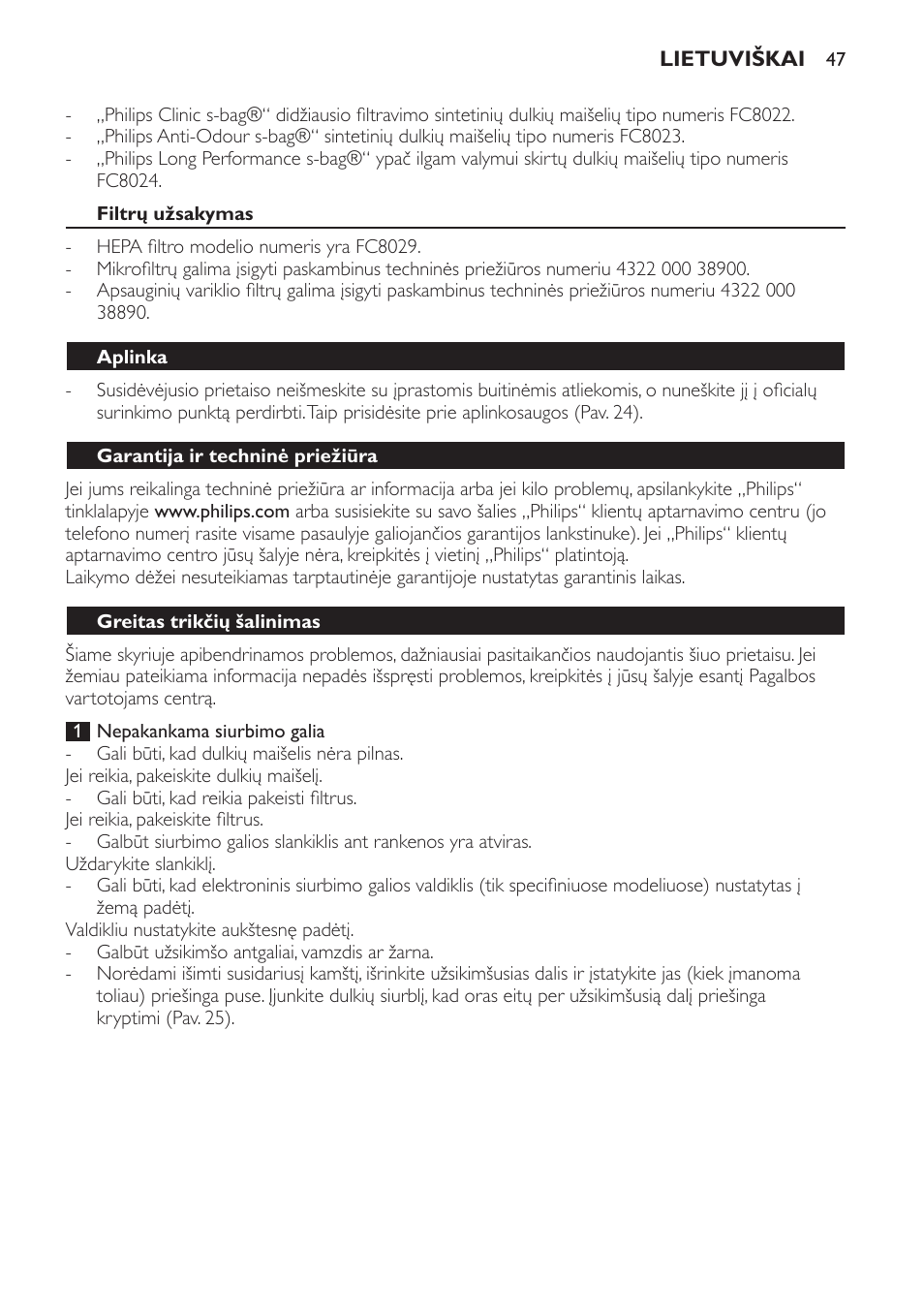 Filtrų užsakymas, Aplinka, Garantija ir techninė priežiūra | Greitas trikčių šalinimas | Philips FC8206 User Manual | Page 47 / 104