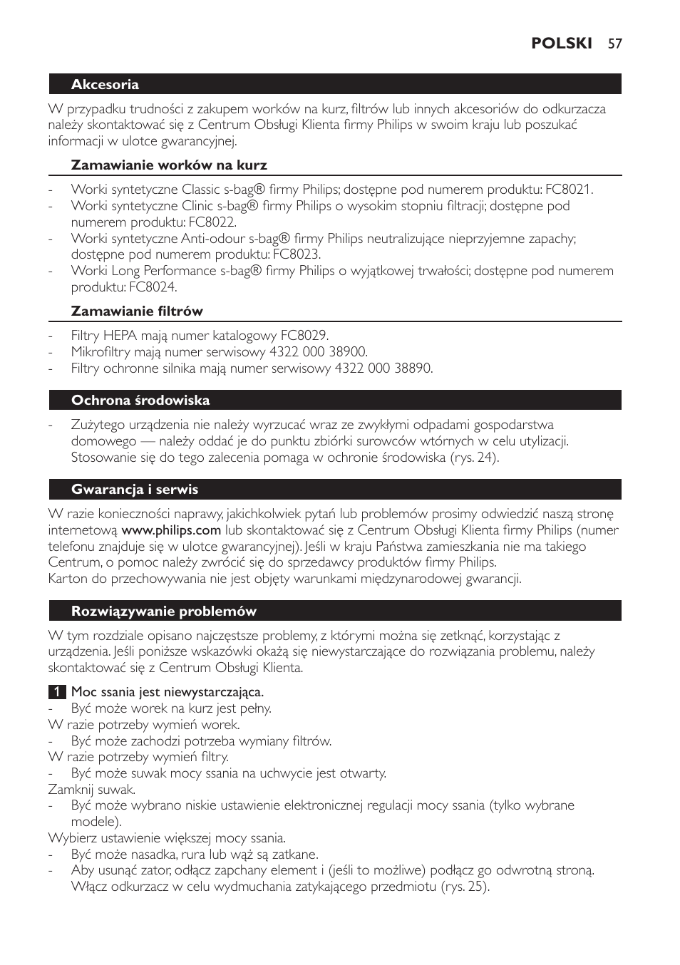 Akcesoria, Zamawianie worków na kurz, Zamawianie filtrów | Ochrona środowiska, Gwarancja i serwis, Rozwiązywanie problemów | Philips FC8206 User Manual | Page 57 / 104