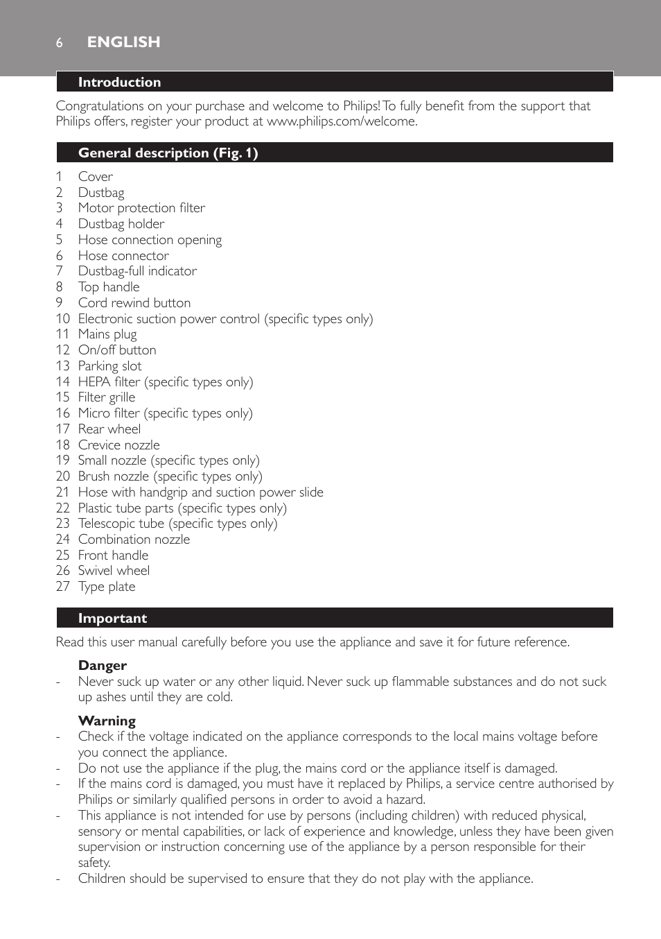 English, Introduction, General description (fig. 1) | Important, Danger, Warning | Philips FC8206 User Manual | Page 6 / 104