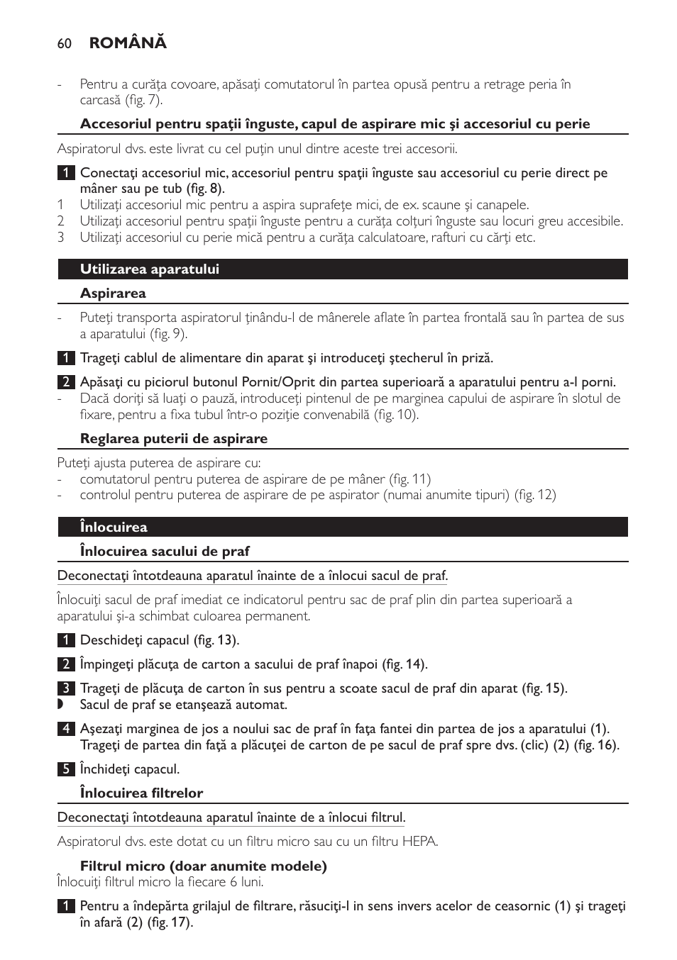 Utilizarea aparatului, Aspirarea, Reglarea puterii de aspirare | Înlocuirea, Înlocuirea sacului de praf, Înlocuirea filtrelor, Filtrul micro (doar anumite modele) | Philips FC8206 User Manual | Page 60 / 104
