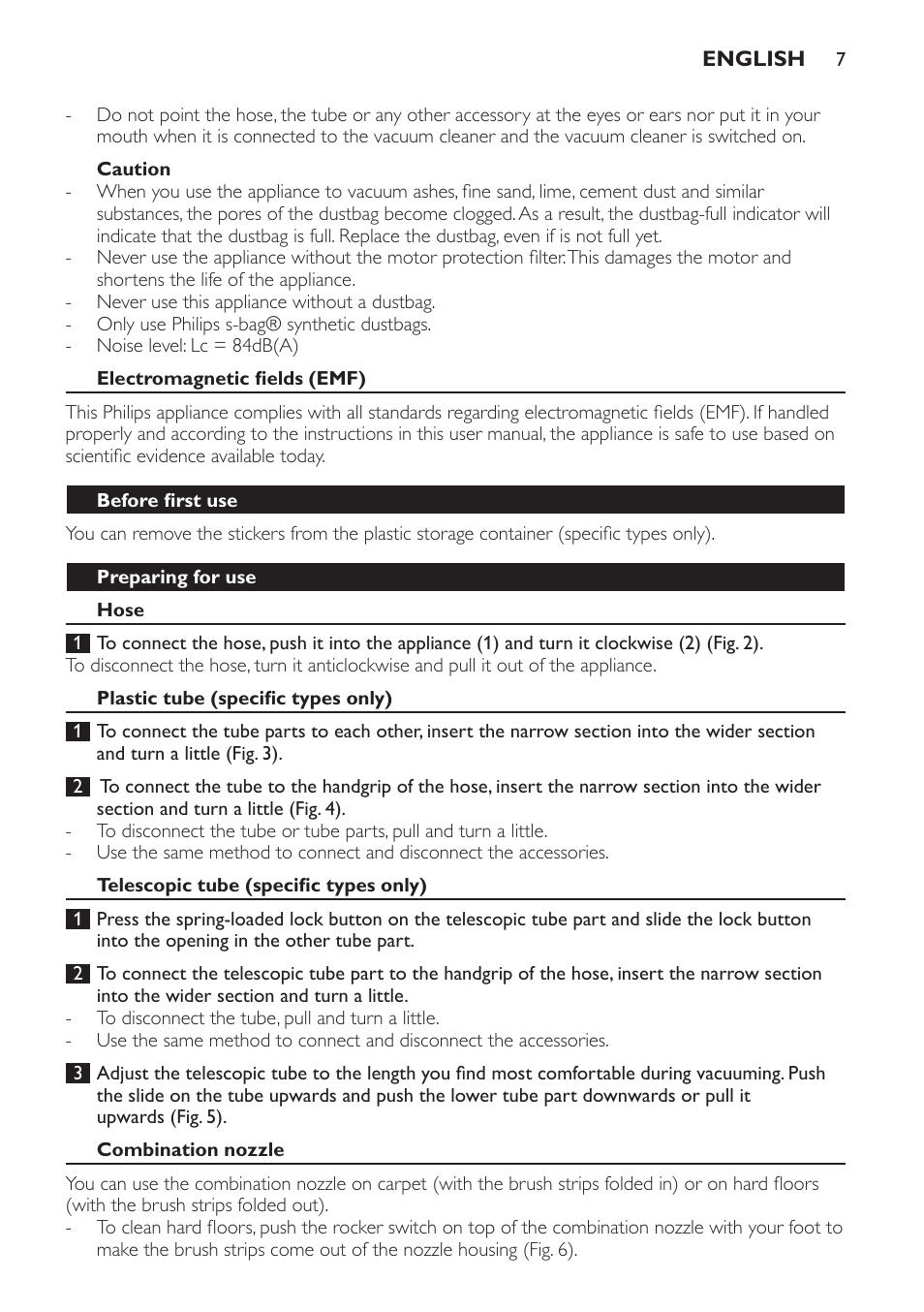 Caution, Electromagnetic fields (emf), Before first use | Preparing for use, Hose, Plastic tube (specific types only), Telescopic tube (specific types only), Combination nozzle | Philips FC8206 User Manual | Page 7 / 104