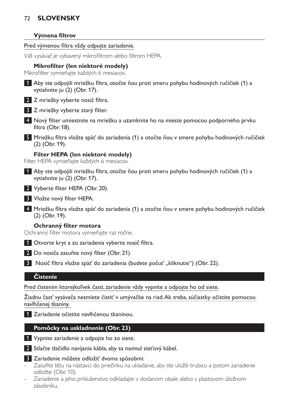 Mikrofilter (len niektoré modely), Filter hepa (len niektoré modely), Ochranný filter motora | Čistenie, Pomôcky na uskladnenie (obr. 23) | Philips FC8206 User Manual | Page 72 / 104