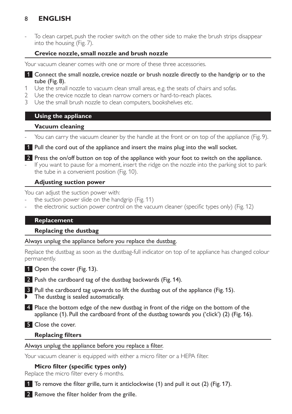 Crevice nozzle, small nozzle and brush nozzle, Using the appliance, Vacuum cleaning | Adjusting suction power, Replacement, Replacing the dustbag, Replacing filters, Micro filter (specific types only) | Philips FC8206 User Manual | Page 8 / 104
