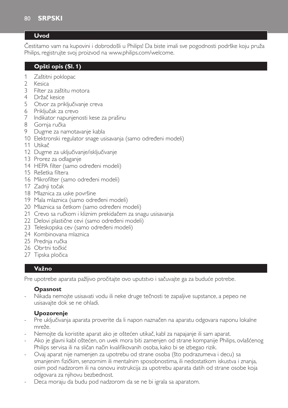 Opasnost, Upozorenje, Srpski | Uvod, Opšti opis (sl. 1), Važno | Philips FC8206 User Manual | Page 80 / 104
