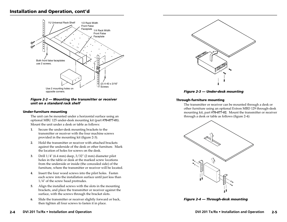 Under-furniture mounting, Through-furniture mounting, Installation and operation, cont’d | Extron electronic Digital Video Transmitter and Receiver DVI 201 Rx User Manual | Page 10 / 30