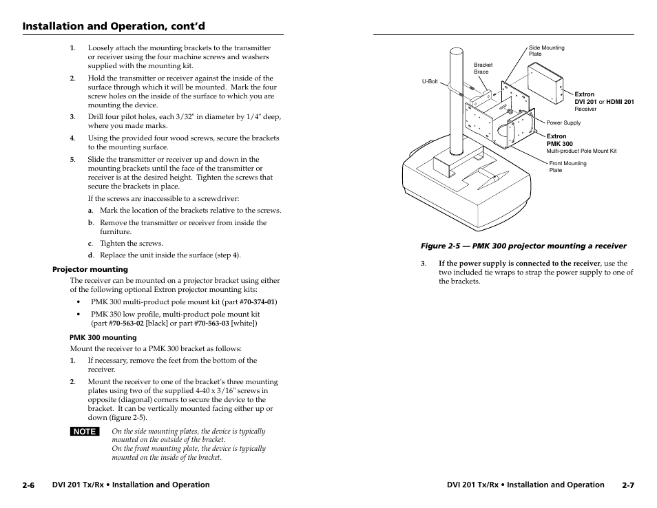 Projector mounting, Pmk 300 mounting, Installation and operation, cont’d | Extron electronic Digital Video Transmitter and Receiver DVI 201 Rx User Manual | Page 11 / 30