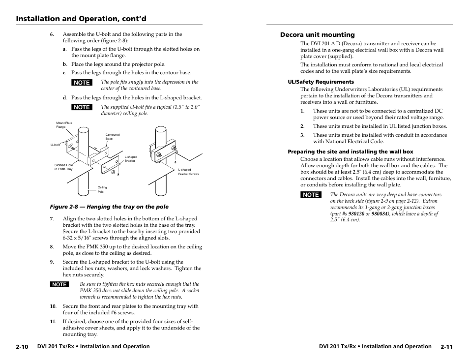 Decora unit mounting, Ul/safety requirements, Preparing the site and installing the wall box | Decora unit mounting -11, Installation and operation, cont’d | Extron electronic Digital Video Transmitter and Receiver DVI 201 Rx User Manual | Page 13 / 30