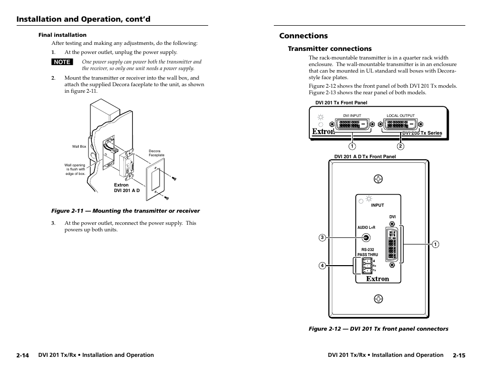 Final installation, Connections, Transmitter connections | Transmitter connections -15, Installation and operation, cont’d | Extron electronic Digital Video Transmitter and Receiver DVI 201 Rx User Manual | Page 15 / 30