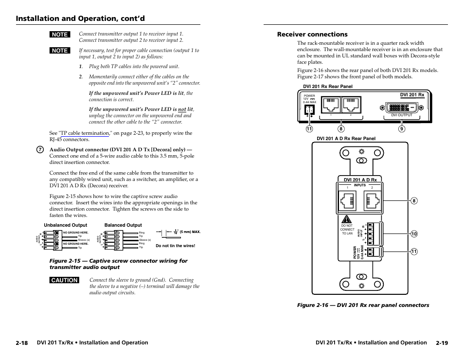 Receiver connections, Receiver connections -19, Installation and operation, cont’d | Extron electronic Digital Video Transmitter and Receiver DVI 201 Rx User Manual | Page 17 / 30