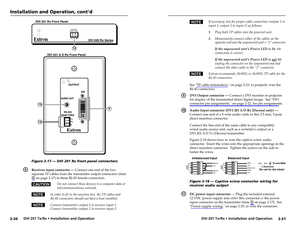 Eceiver (item, Installation and operation, cont’d | Extron electronic Digital Video Transmitter and Receiver DVI 201 Rx User Manual | Page 18 / 30