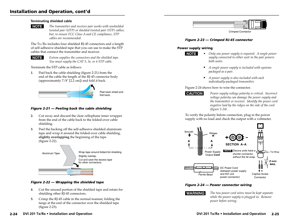 Terminating shielded cable, Power supply wiring, Installation and operation, cont’d | Extron electronic Digital Video Transmitter and Receiver DVI 201 Rx User Manual | Page 20 / 30
