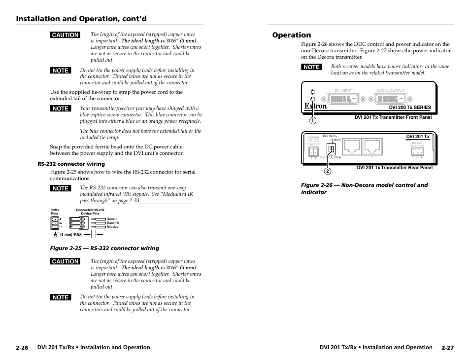 Rs-232 connector wiring, Operation, Rs-232 communication. see "rs-232 connector wiring | Installation and operation, cont’d | Extron electronic Digital Video Transmitter and Receiver DVI 201 Rx User Manual | Page 21 / 30
