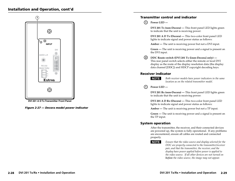 Transmitter control and indicator, Receiver indicator, System operation | In "operation", on | Extron electronic Digital Video Transmitter and Receiver DVI 201 Rx User Manual | Page 22 / 30