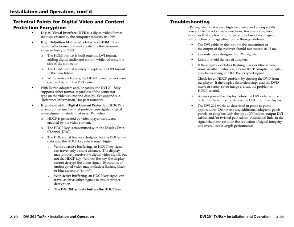 Troubleshooting, Installation and operation, cont’d | Extron electronic Digital Video Transmitter and Receiver DVI 201 Rx User Manual | Page 23 / 30