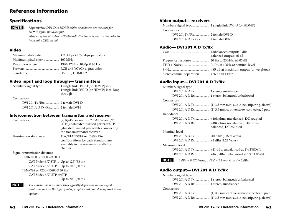 Specifications, Reference information | Extron electronic Digital Video Transmitter and Receiver DVI 201 Rx User Manual | Page 26 / 30