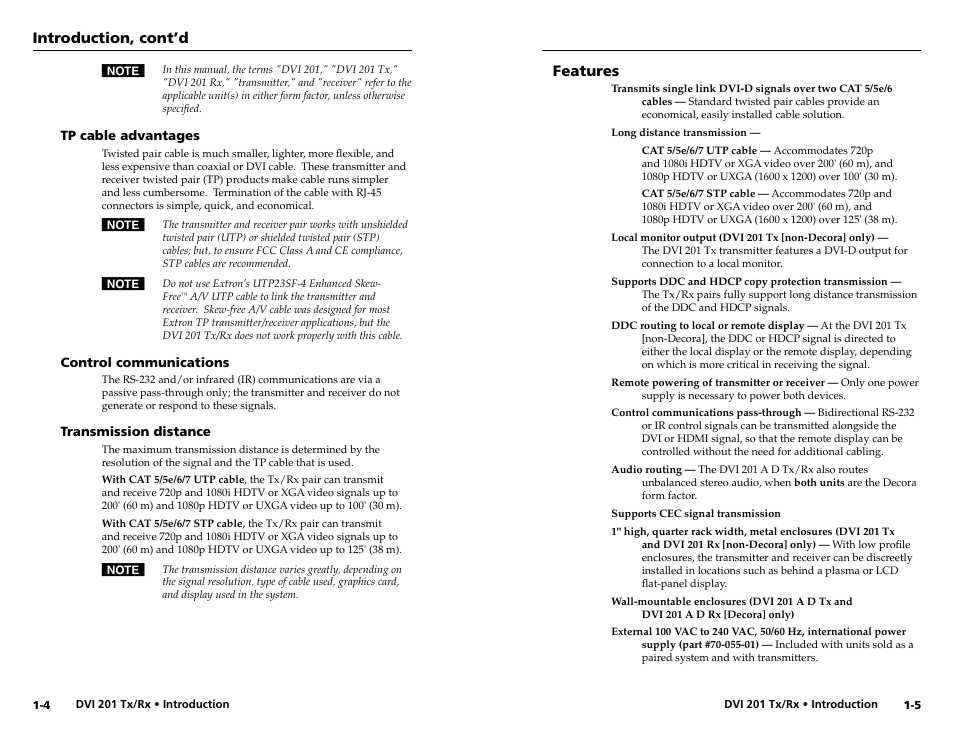 Tp cable advantages, Control communications, Transmission distance | Features, Introduction, cont’d | Extron electronic Digital Video Transmitter and Receiver DVI 201 Rx User Manual | Page 7 / 30