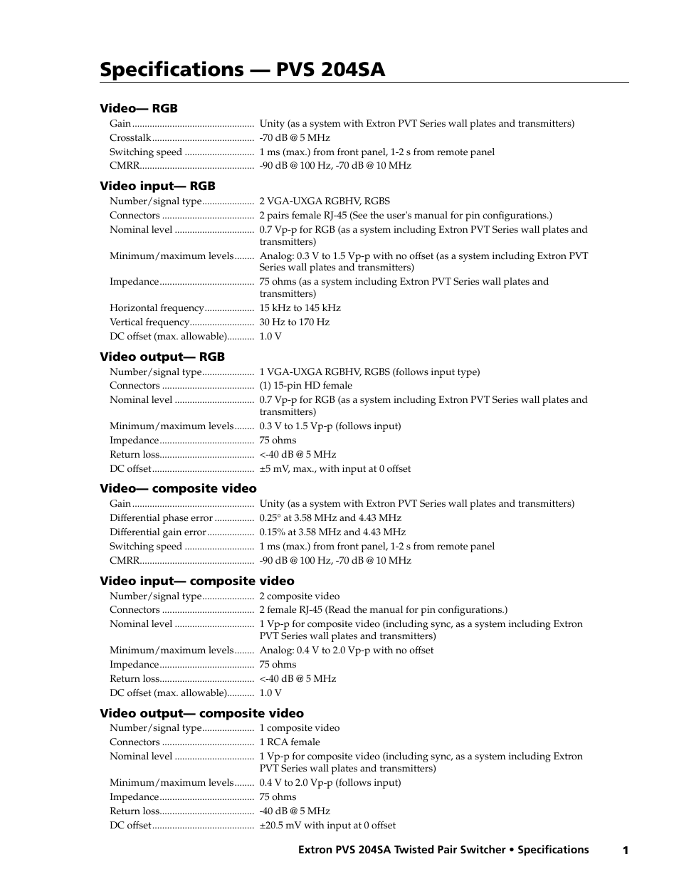 Extron electronic PVS 204SA User Manual | 3 pages