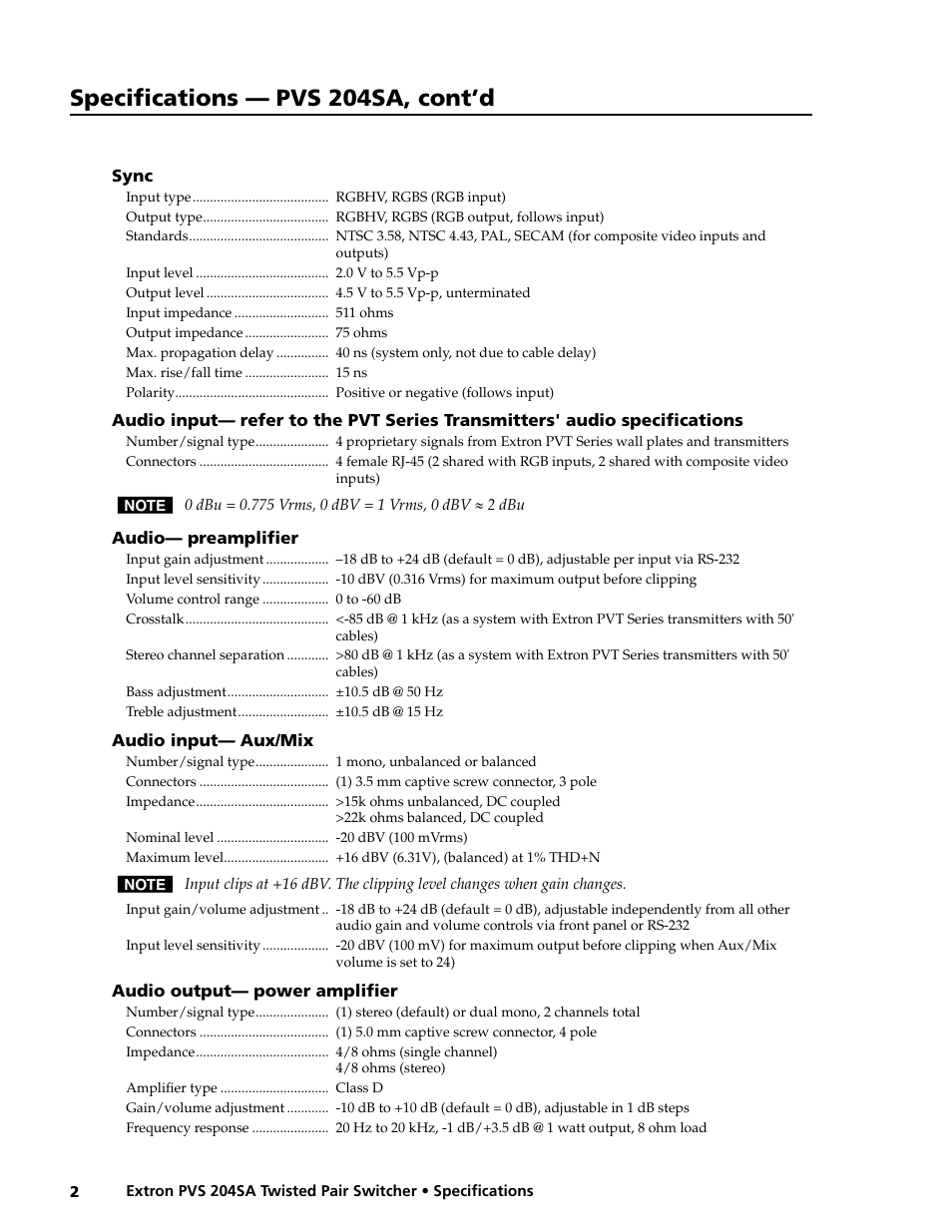 Specifications — pvs 204sa, cont’d | Extron electronic PVS 204SA User Manual | Page 2 / 3