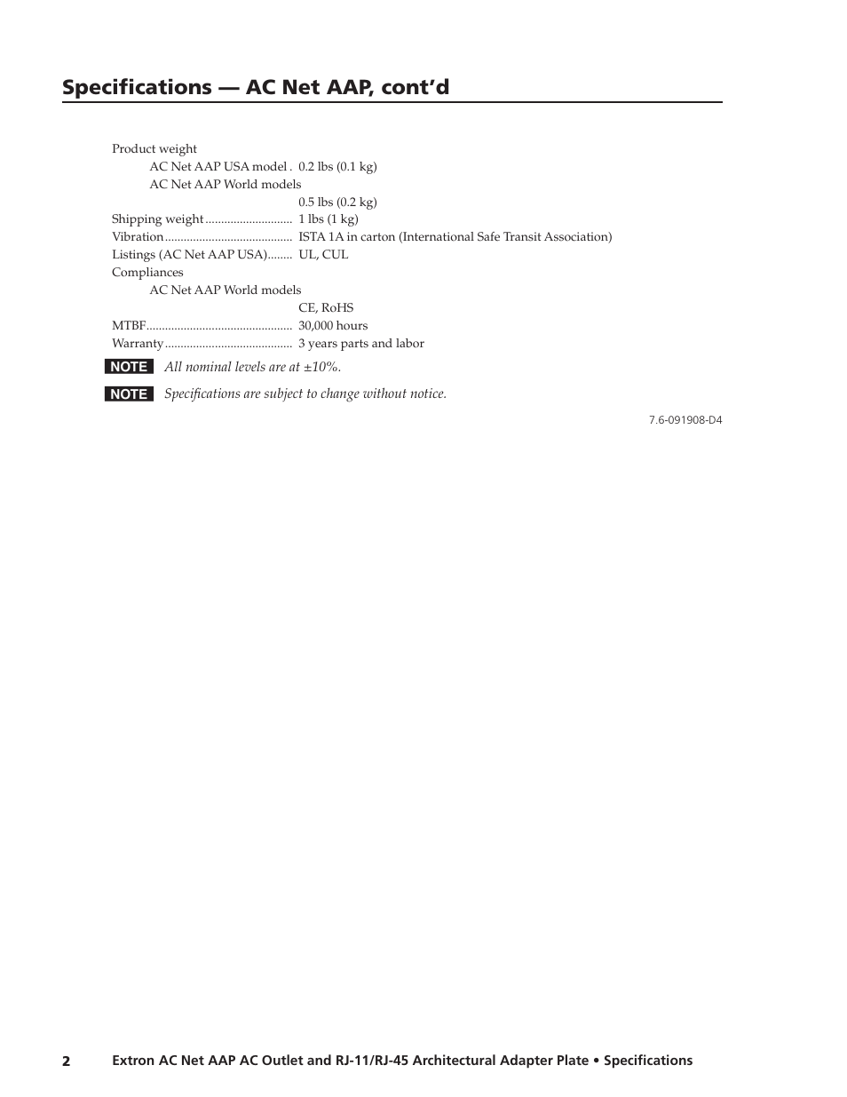 Specifications — ac net aap, cont’d | Extron electronic AC AAP User Manual | Page 2 / 2