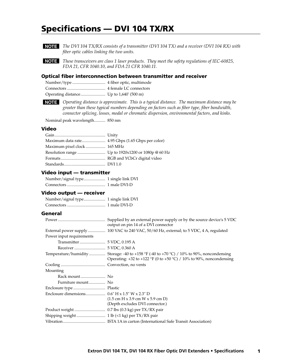 Extron electronic Fiber Optic DVI Extenders DVI 104 RX User Manual | 2 pages