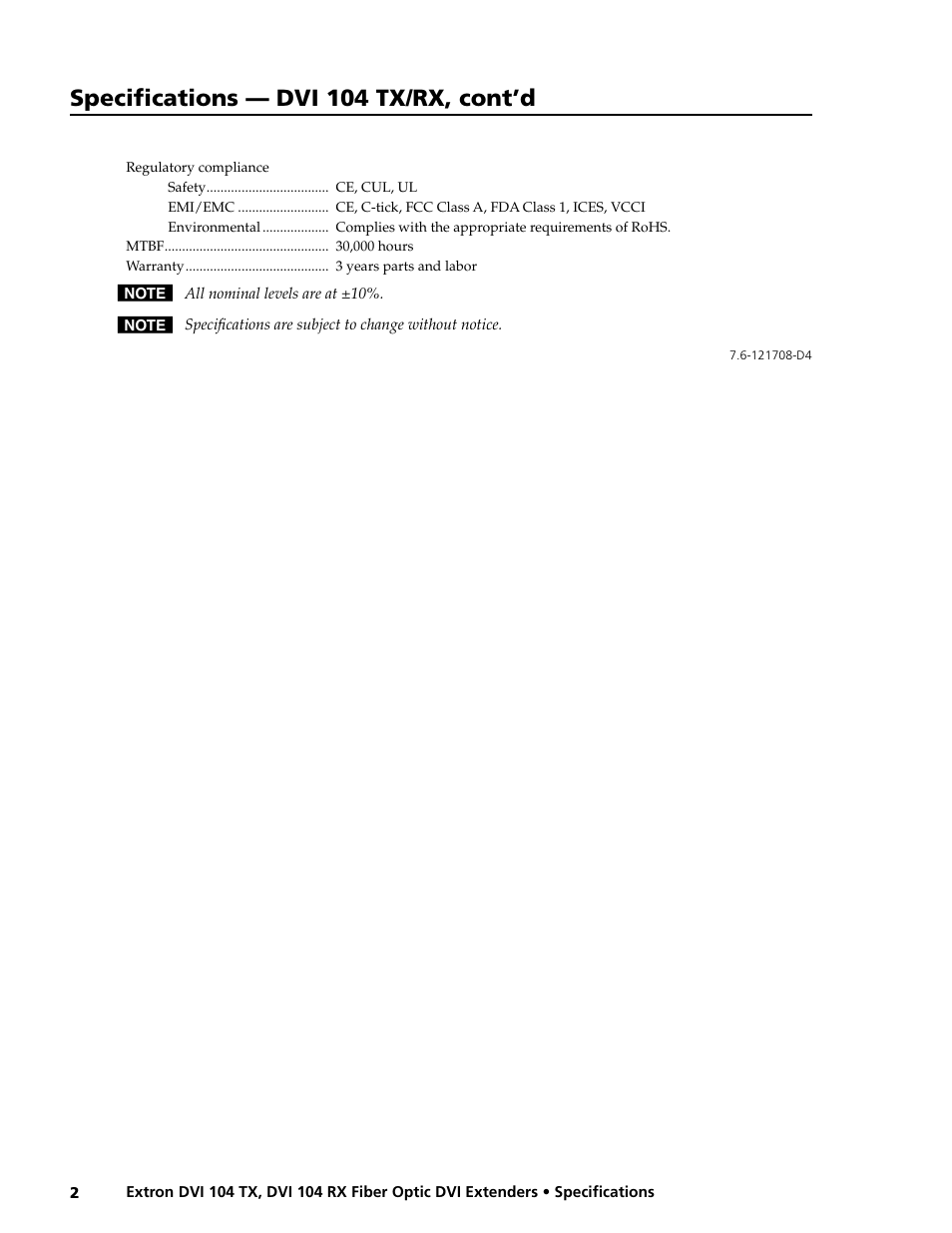 Specifications — dvi 104 tx/rx, cont’d | Extron electronic Fiber Optic DVI Extenders DVI 104 RX User Manual | Page 2 / 2