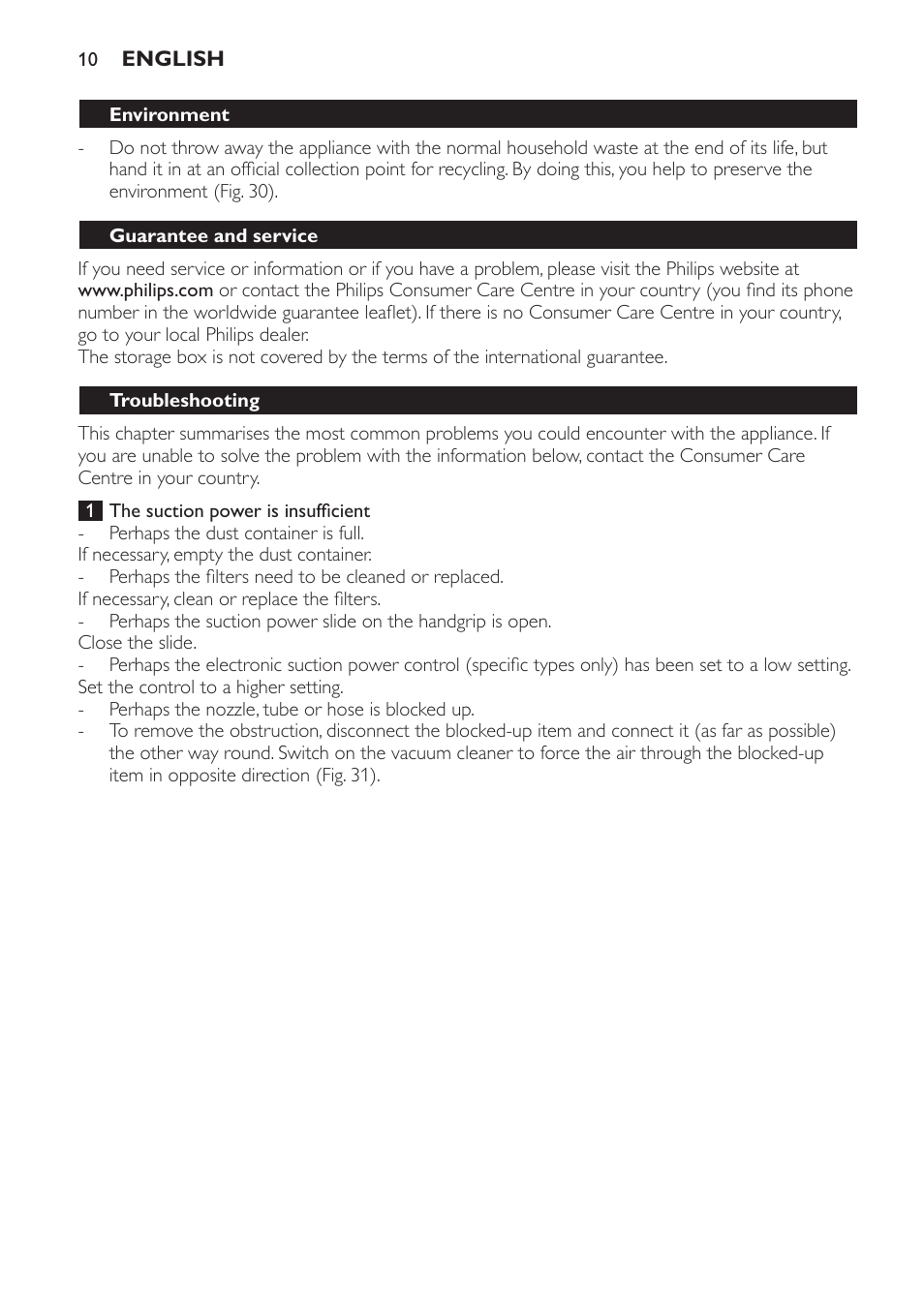 Environment, Guarantee and service, Troubleshooting | Philips FC8256 User Manual | Page 10 / 100