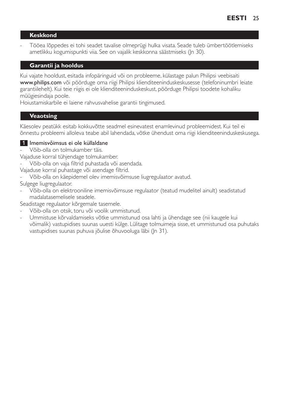 Keskkond, Garantii ja hooldus, Veaotsing | Philips FC8256 User Manual | Page 25 / 100
