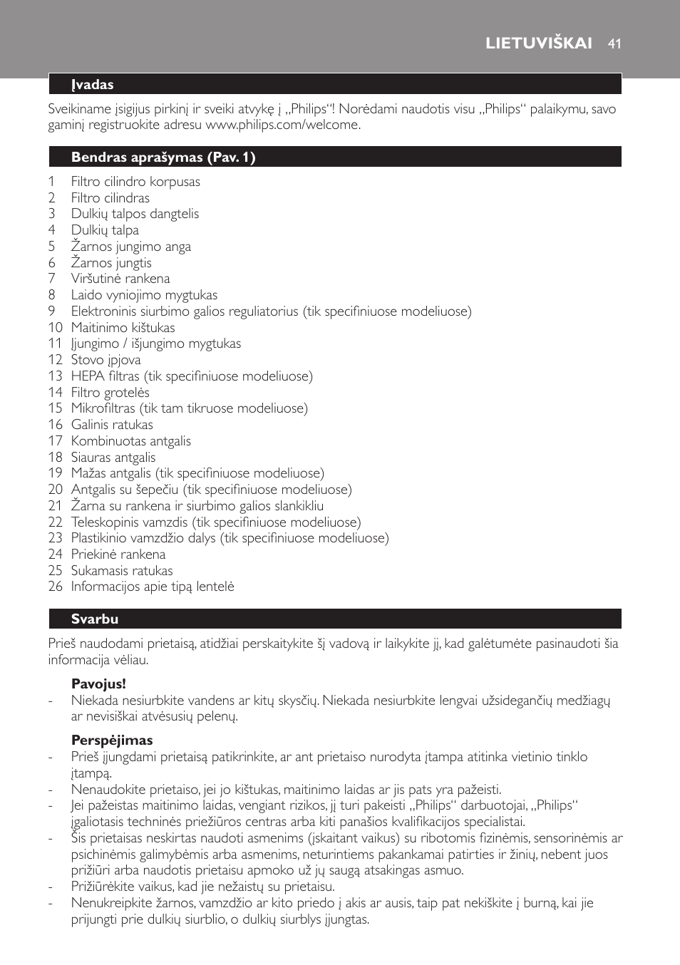 Pavojus, Perspėjimas, Lietuviškai | Įvadas, Bendras aprašymas (pav. 1), Svarbu | Philips FC8256 User Manual | Page 41 / 100