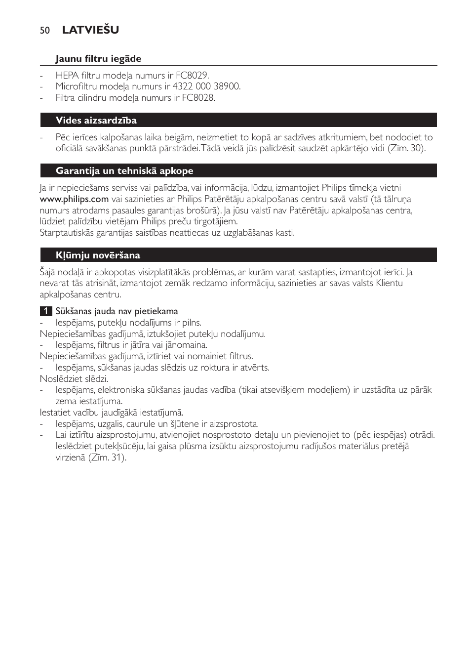 Jaunu filtru iegāde, Vides aizsardzība, Garantija un tehniskā apkope | Kļūmju novēršana | Philips FC8256 User Manual | Page 50 / 100