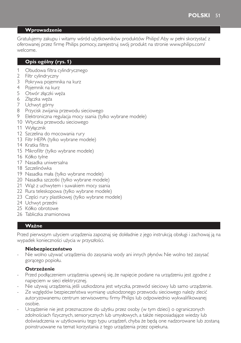 Niebezpieczeństwo, Ostrzeżenie, Polski | Wprowadzenie, Opis ogólny (rys. 1), Ważne | Philips FC8256 User Manual | Page 51 / 100
