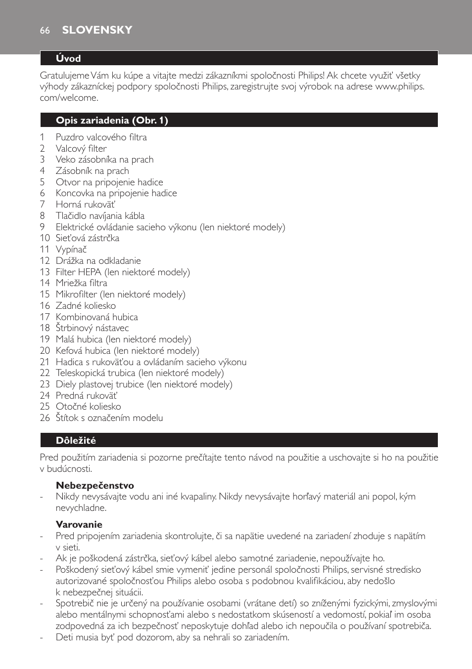 Nebezpečenstvo, Varovanie, Slovensky | Úvod, Opis zariadenia (obr. 1), Dôležité | Philips FC8256 User Manual | Page 66 / 100