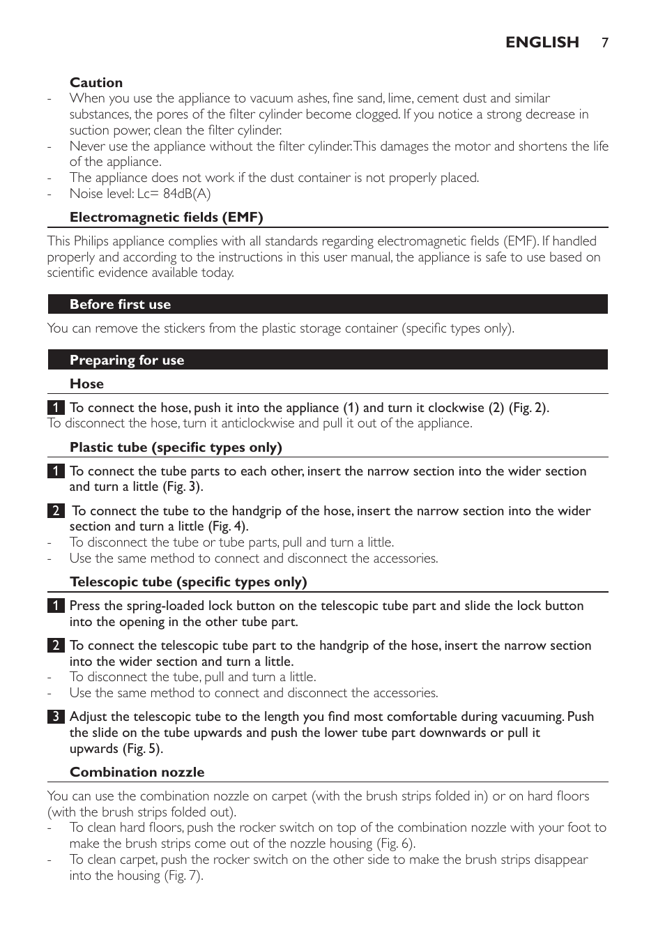 Caution, Electromagnetic fields (emf), Before first use | Preparing for use, Hose, Plastic tube (specific types only), Telescopic tube (specific types only), Combination nozzle | Philips FC8256 User Manual | Page 7 / 100