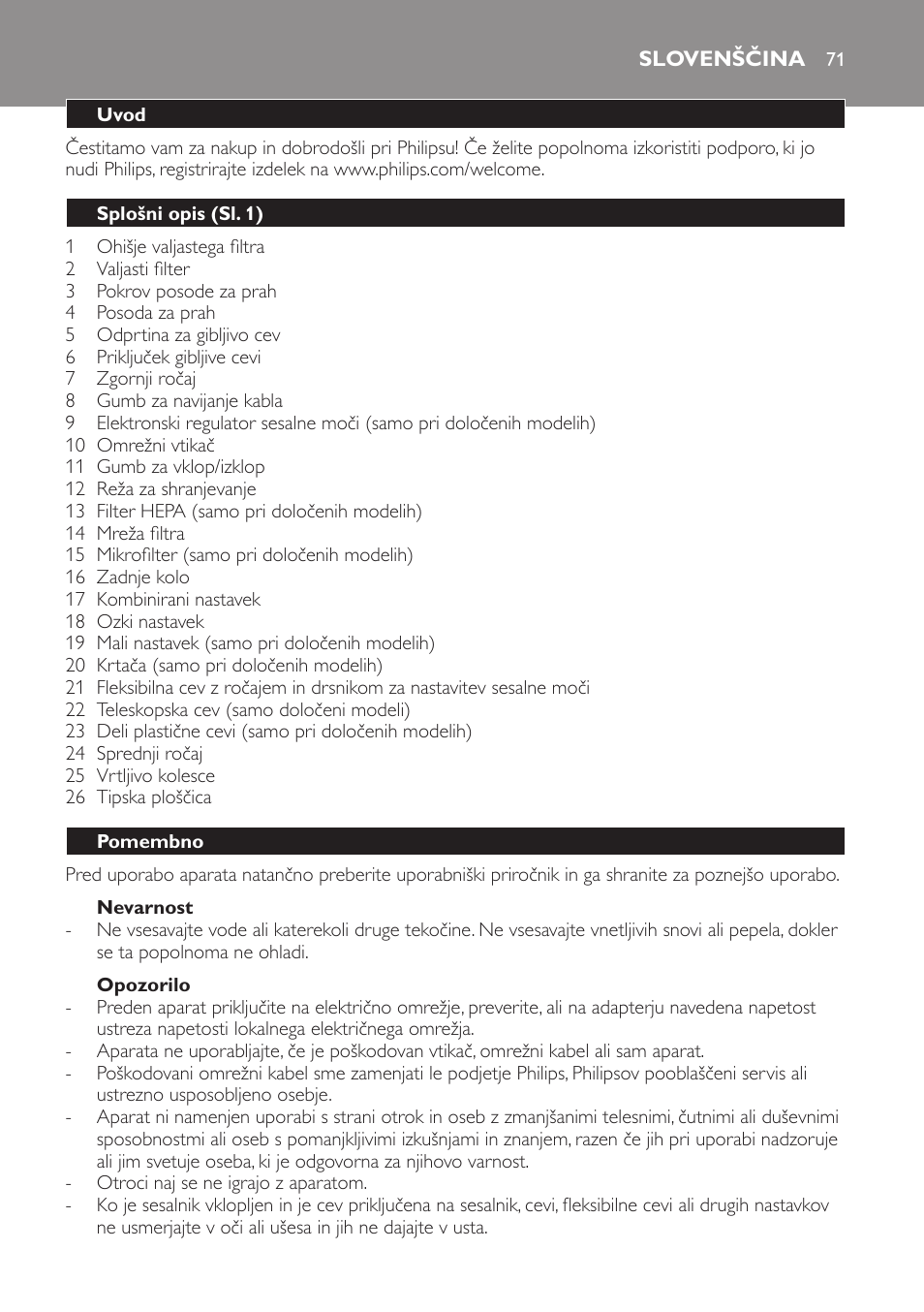 Nevarnost, Opozorilo, Slovenščina | Uvod, Splošni opis (sl. 1), Pomembno | Philips FC8256 User Manual | Page 71 / 100