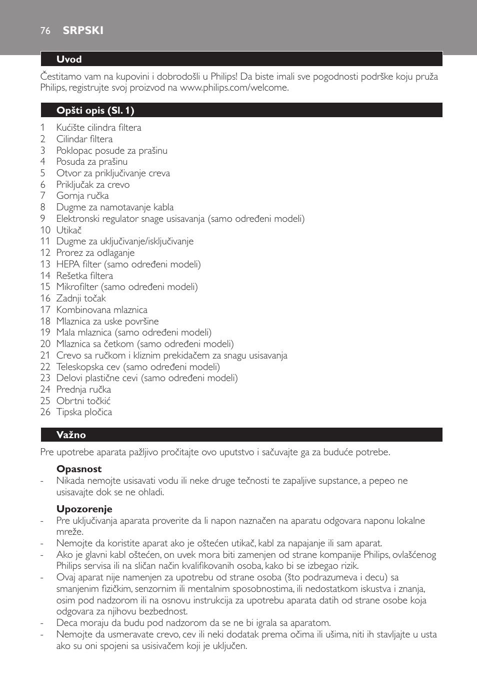 Opasnost, Upozorenje, Srpski | Uvod, Opšti opis (sl. 1), Važno | Philips FC8256 User Manual | Page 76 / 100