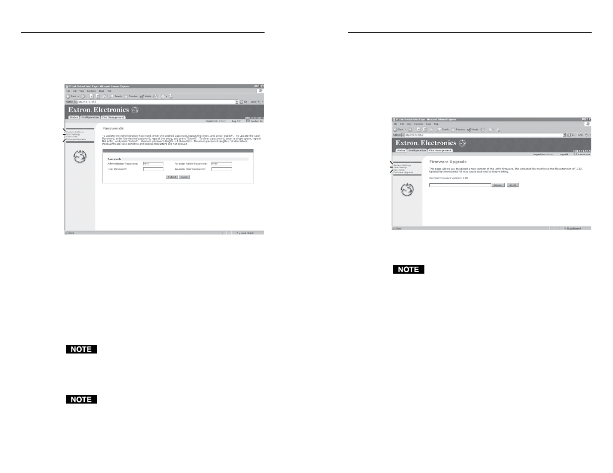 Html operation, cont’d, Passwords page, Firmware upgrade page | Extron electronic MKP 2000 User Manual | Page 30 / 35