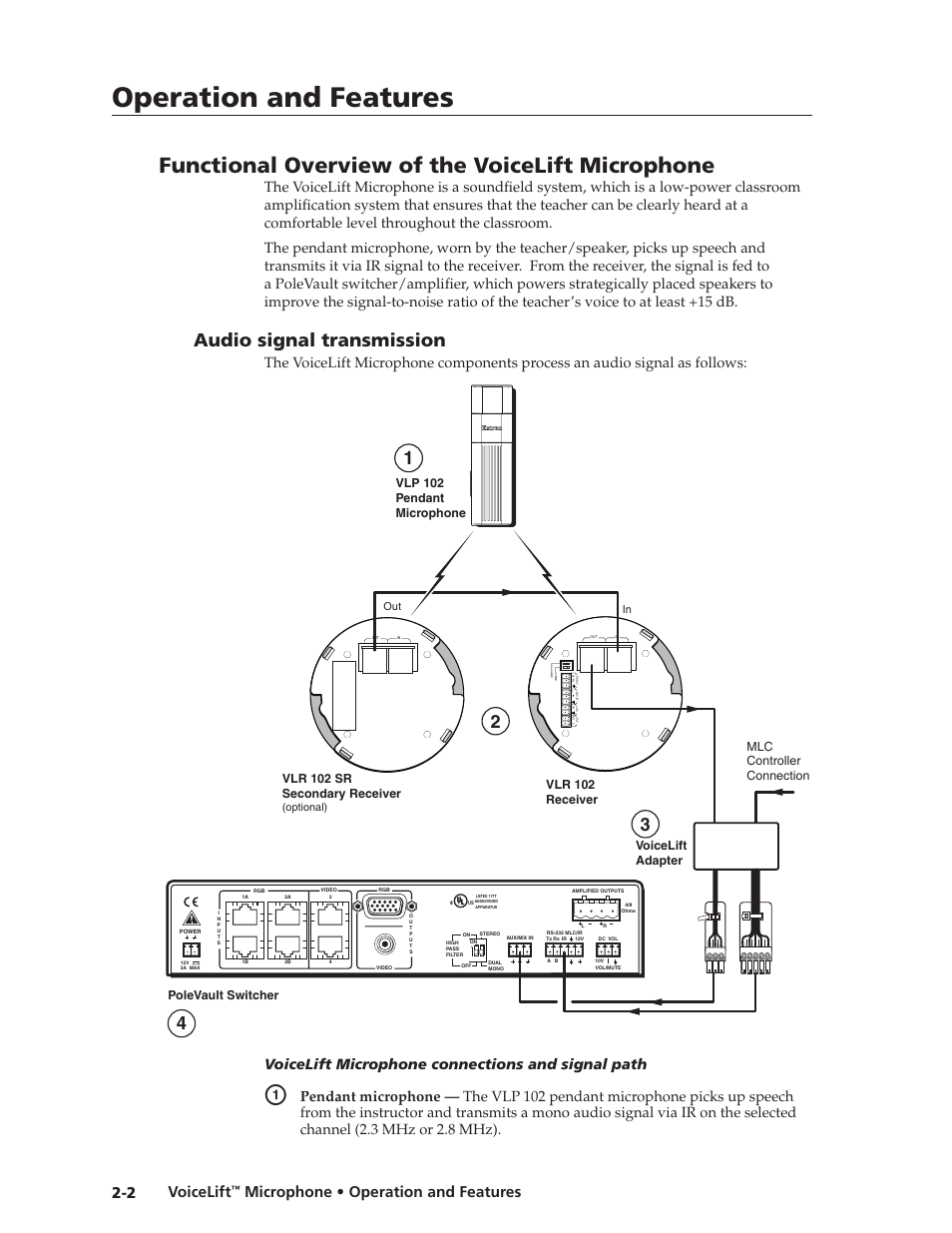 Functional overview of the voicelift microphone, Audio signal transmission, Audio signal transmission -2 | Preliminar y, Operation and features, Audio signal transmission, Voicelift, Microphone • operation and features 2-2, On 1 2 cts- 2, Voicelift microphone connections and signal path | Extron electronic VLM 2000 User Manual | Page 12 / 64