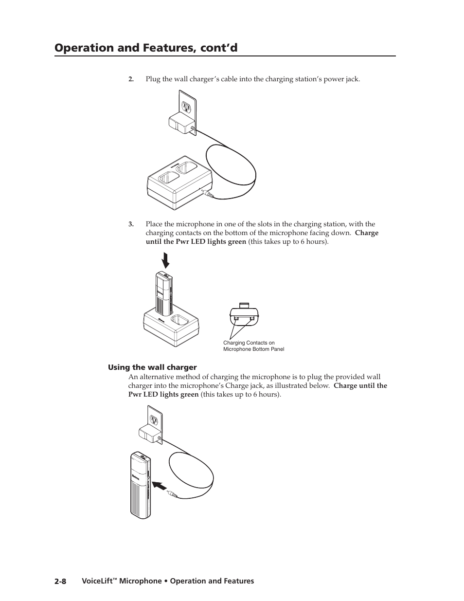 Using the wall charger, Using the wall charger -8, Preliminar y | Operation and features, cont’d | Extron electronic VLM 2000 User Manual | Page 18 / 64