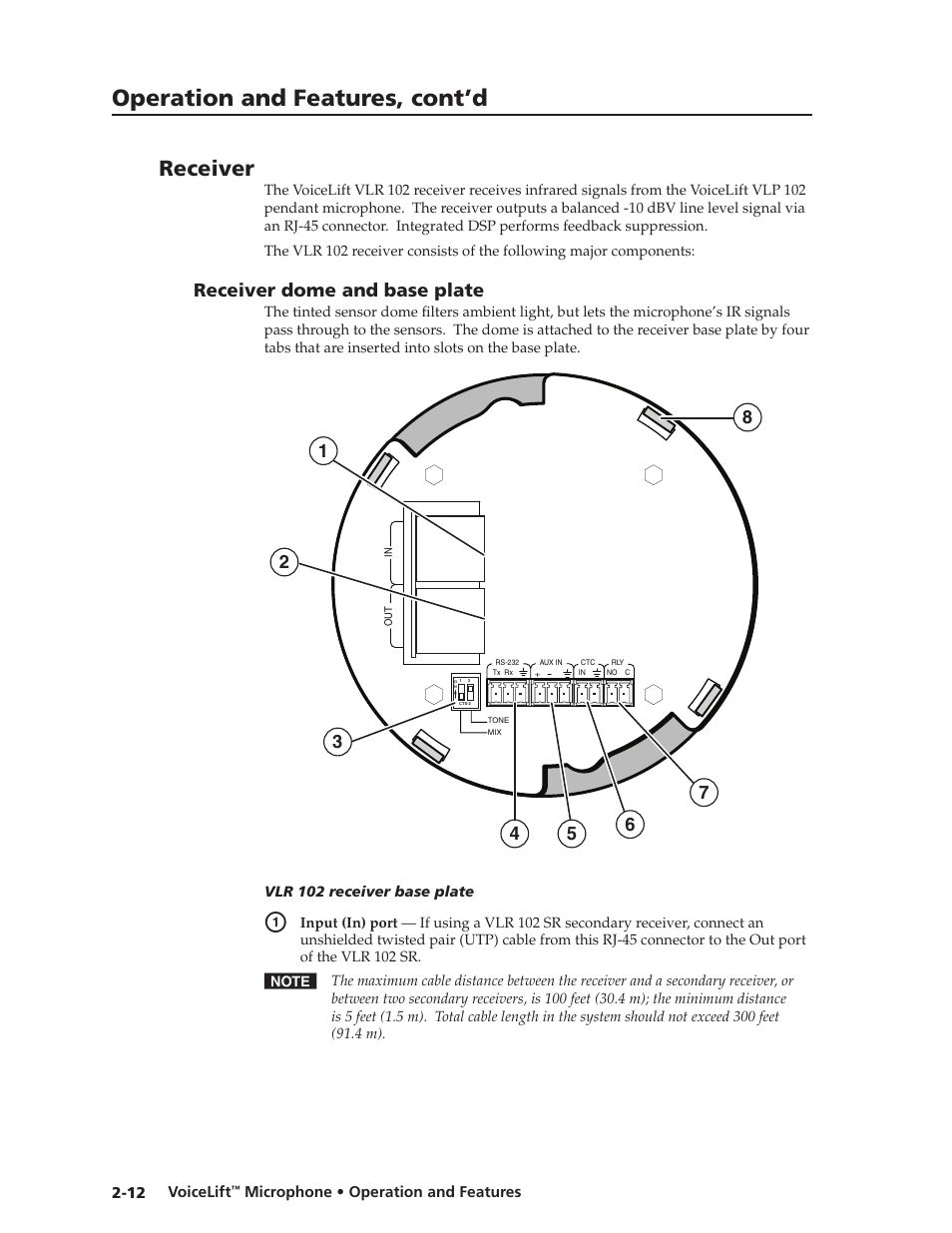 Receiver, Receiver dome and base plate, Receiver dome and base plate -12 | Preliminar y, Operation and features, cont’d, Receiver dome and base plate | Extron electronic VLM 2000 User Manual | Page 22 / 64