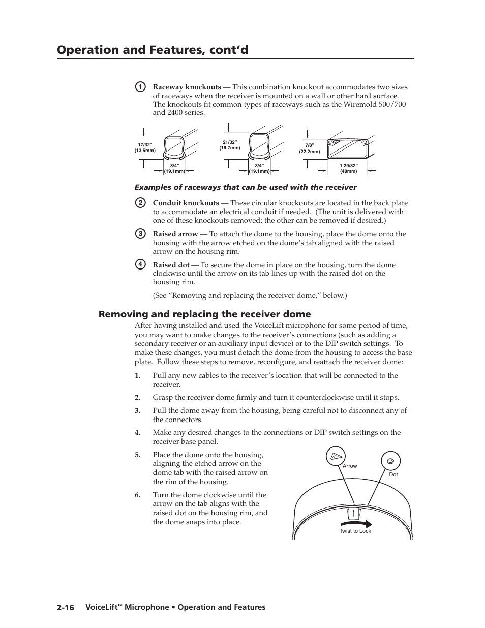 Removing and replacing the receiver dome, Removing and replacing the receiver dome -16, Preliminar y | Operation and features, cont’d | Extron electronic VLM 2000 User Manual | Page 26 / 64