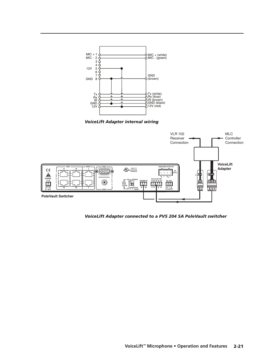 Preliminar y, 21 voicelift, Microphone • operation and features | Voicelift adapter internal wiring | Extron electronic VLM 2000 User Manual | Page 31 / 64