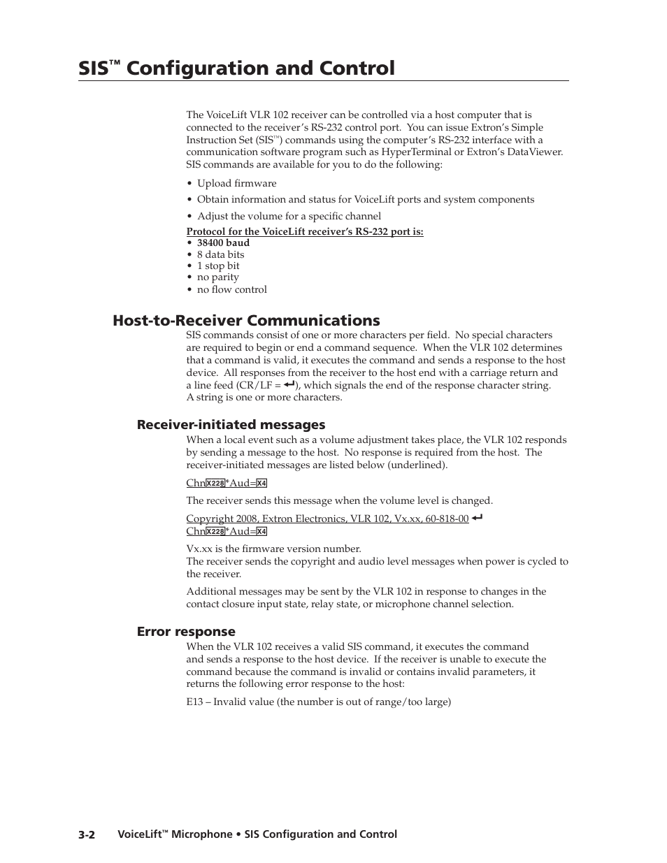 Host-to-receiver communications, Receiver-initiated messages, Error response | Preliminar y, Configuration and control | Extron electronic VLM 2000 User Manual | Page 34 / 64